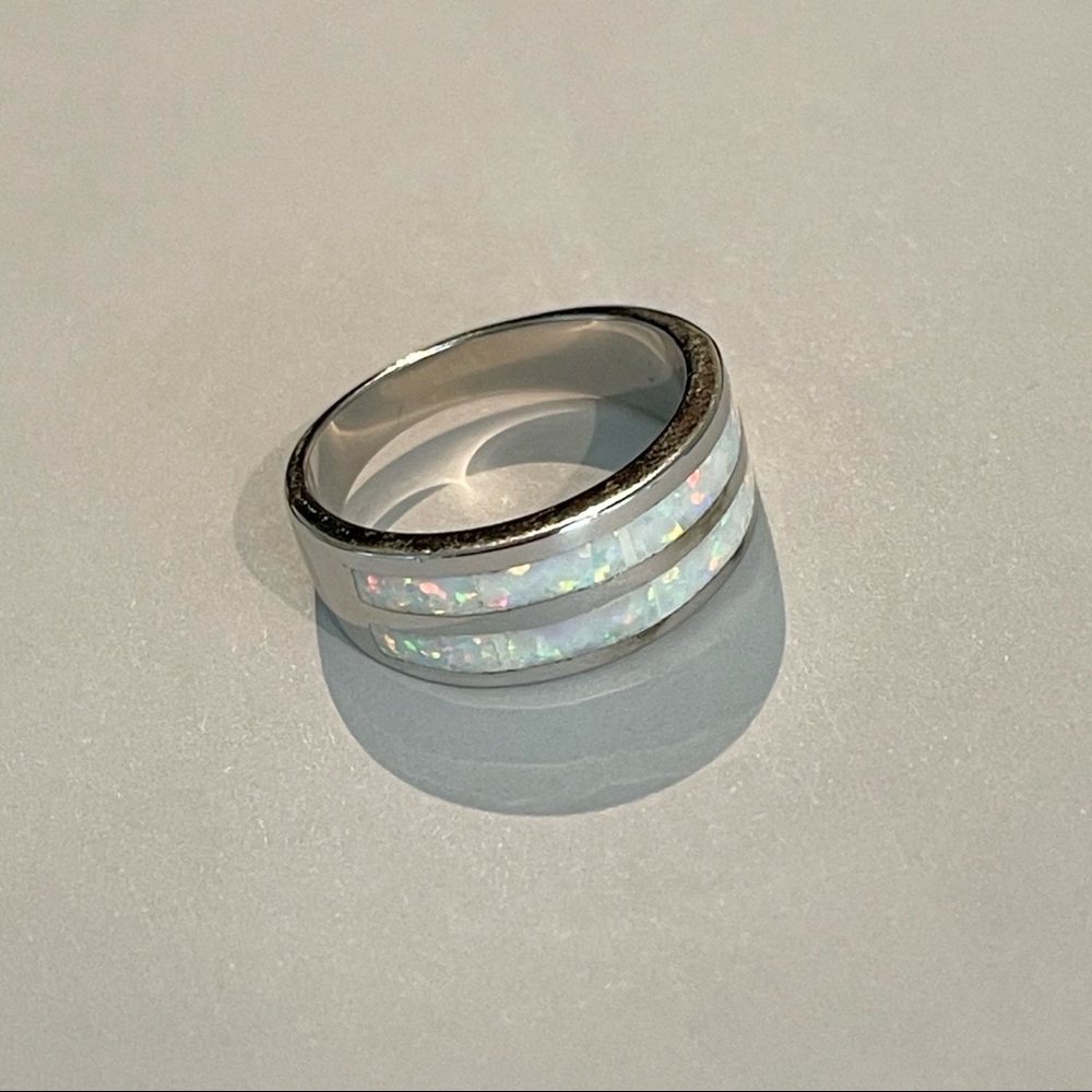 Sterling Silver White Lab Opal Ring, Wedding Band, October Birthstone Rings - Picture 4 of 13